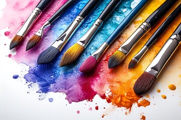 Fototapeta premium paintbrushes, acrylic paint, paint, colors, art supplies, painting, artist, creative, colorful, vibrant, texture, design, inspiration, studio, close-up, splatter, oil paint, brushstrokes, palette, mix