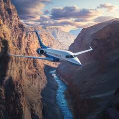 A small business jet flies low over a canyon in the North American mountains.