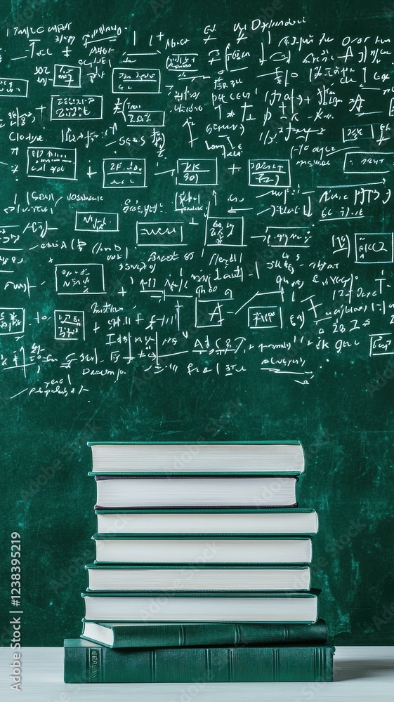Poster stack of books against a chalkboard filled with complex mathematical equations and formulas