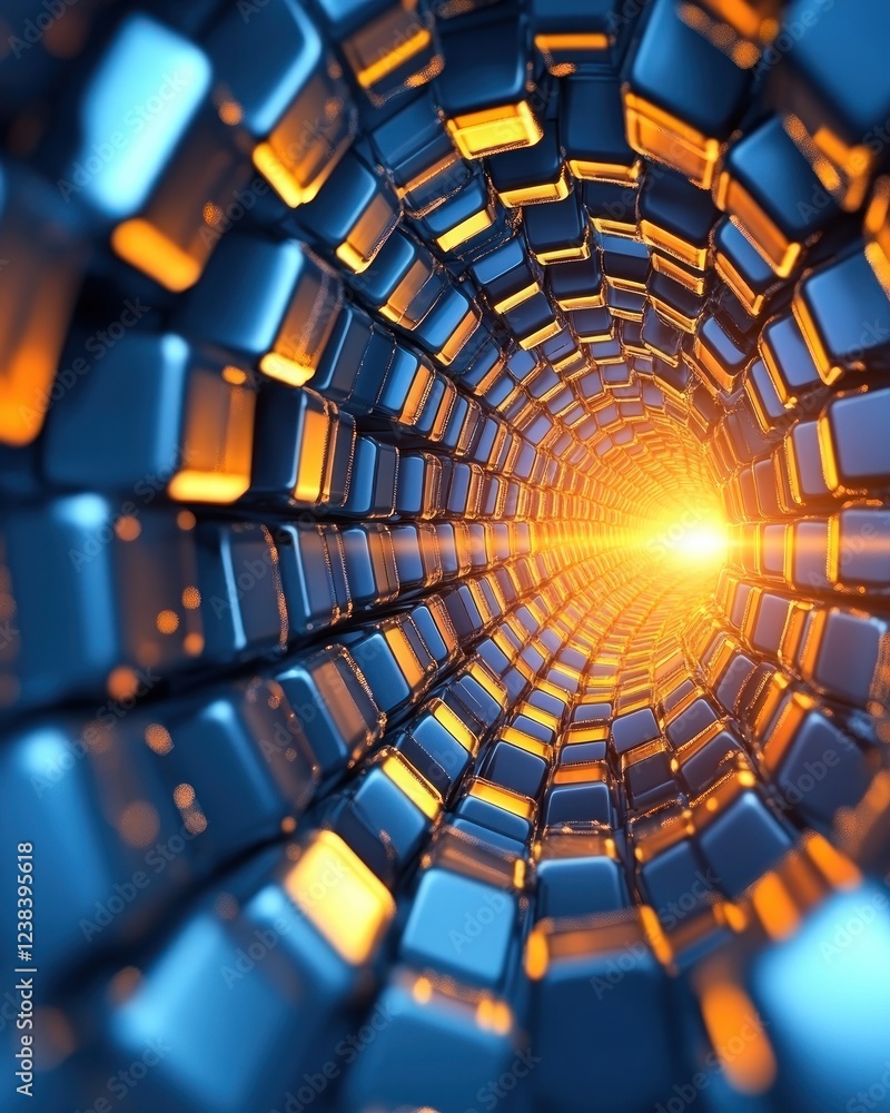 Aufkleber abstract tunnel of shiny cubes with glowing light effect in blue and orange colors
