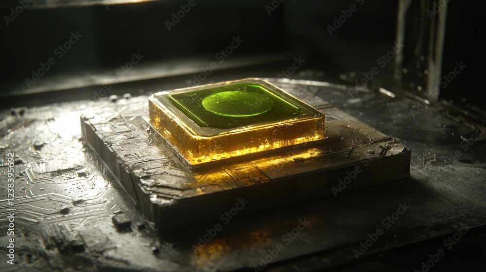 Aufkleber Close-up of a Transparent Green Resin Square on a Metallic Surface with Circuit Board Elements in a Dimly Lit Environment