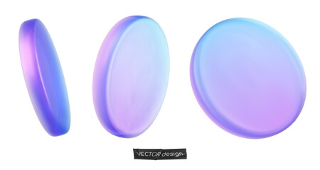 Set 3d iridescent hologram disk, coin, podium, pedestal. Render figure with purple, pink, blue colors. Vector illustration isolated on white for design projects, product display, presentation, adv