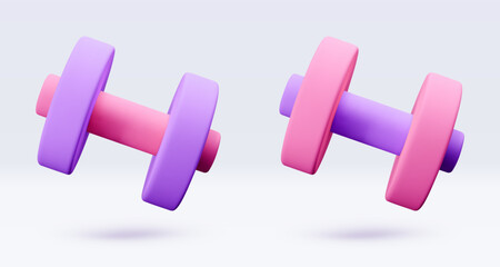 Pink, Purple, violet Dumbbell Realistic icon, 3d render. Isolated on white backround. Sport And Fitness design set. Vector illustration for shop, flyer, banner, web, advertising, sale