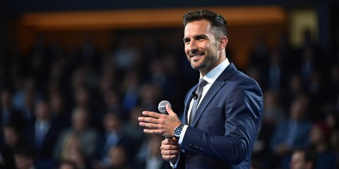 Confident Businessman Delivering a Powerful TED Talk Under Stage Spotlight in High Definition