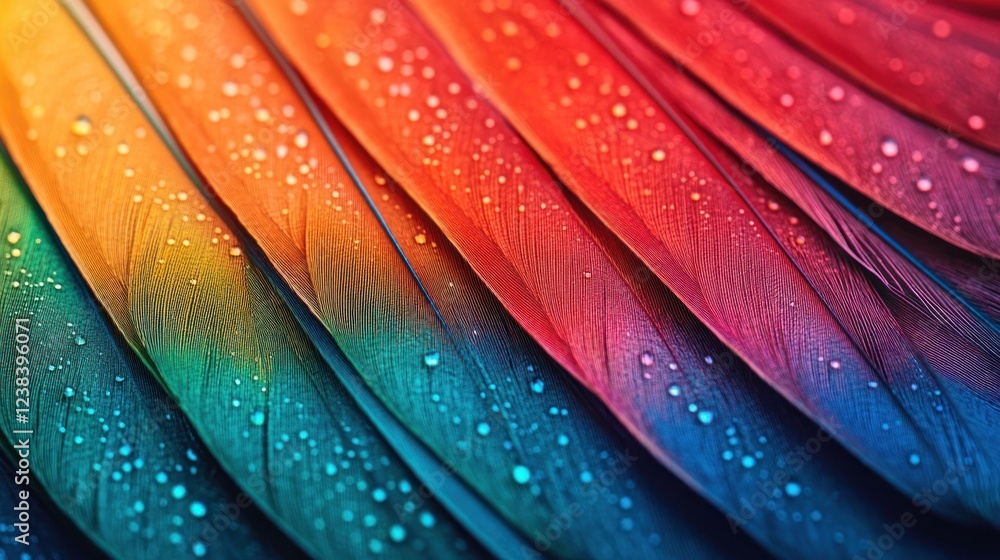 Aufkleber vibrant rainbow feather texture with water droplets captured in close-up displaying nature’s colorfu