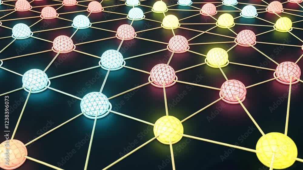 Aufkleber technology background concept, abstract network of colorful connected nodes