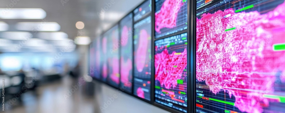 Aufkleber modern data center monitoring system with pink heatmap displays on large screens