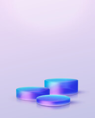 3d iridescent hologram disk, coin, podium, pedestal. Render figure with purple, pink, blue colors. Vector illustration isolated on white for design projects, product display, presentation, adv