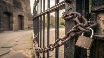 Naklejka premium Securing safety heavy duty chain and lock on gate urban area photography close-up