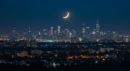 Obraz premium Crescent Moon Over Night City Skyline Photography