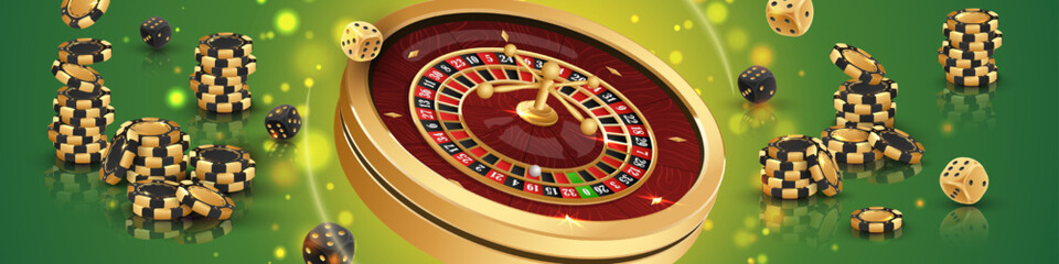 Benner with Golden casino roulette, wheel with black, gold poker chips, stacks of token, around on green background with reflection, lights. Vector illustration for design, advertising
