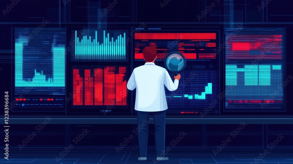 Aufkleber data analyst examining financial charts graphs on multiple screens with magnifying glass