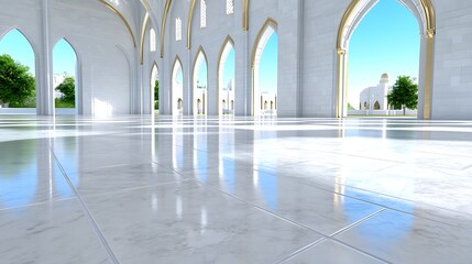 Fototapeta premium Serene Mosque Interior Sunlit Marble Floor Arches and Exterior View