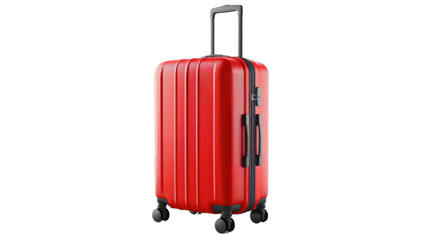 Red suitcase standing upright on transparent background ready for travel