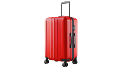 Red suitcase standing upright on transparent background ready for travel