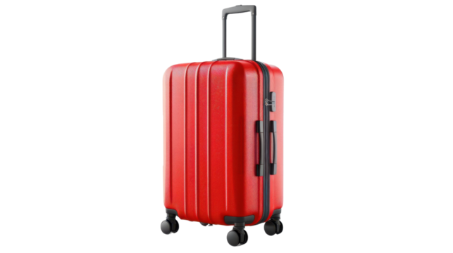 Red suitcase standing upright on transparent background ready for travel