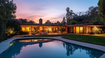 Exterior view of a large luxurious house with a pool and lounge chairs at sunset time light on.