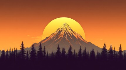 Majestic Mountain Sunset Landscape with Pine Forest Silhouette