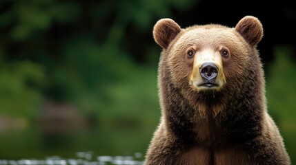 Obraz premium Wildlife encounter nature idea. A majestic brown bear stands near a tranquil forested river, embodying wildlife beauty.