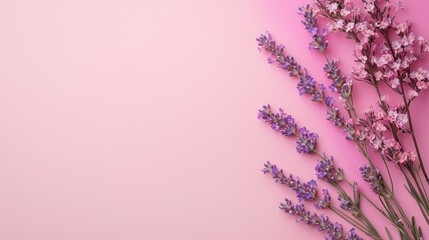 Fototapeta premium Delicate lavender and vibrant pink flowers lie gracefully against a soft pink backdrop, creating a stunning display of colors and textures that evoke calmness and beauty