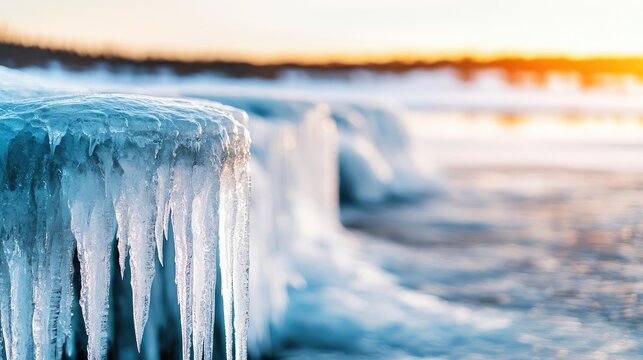 Frozen waterfall nature idea. Icicles hanging from a frozen shoreline with a warm sunset in the background. - Powered by Adobe