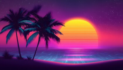 Naklejka premium Retro Sunset Palm Trees Beach Scene