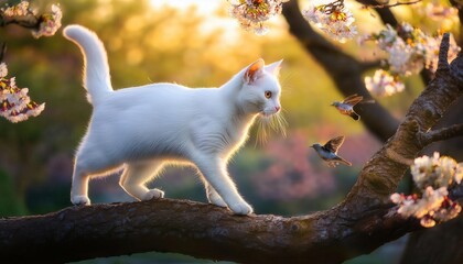 A playful white cat walks on a branch among blooming flowers while curious birds flit nearby.
