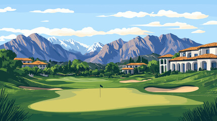 Golf Course Sport Field Nature Landscape with Mountains View in the background