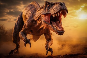 Tyrannosaur rex roaring in a prehistoric forest with lush vegetation, ferns and sunlight