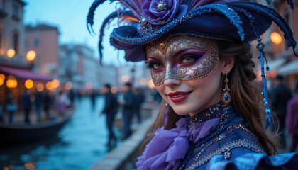 Venetian carnival mask, Portrait of beautiful woman with masquerade carnival mask on her face.