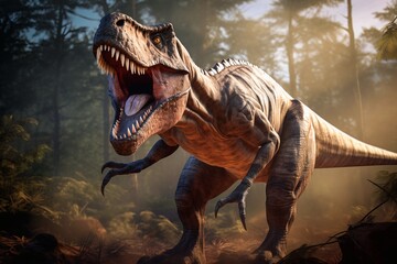 Tyrannosaur rex roaring in a prehistoric forest with lush vegetation, ferns and sunlight