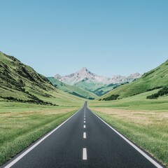 Naklejka premium Scenic Asphalt Road Winding Through Lush Green Valley towards Majestic Mountains