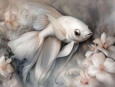 Elegant white beta fish swimming gracefully among delicate flowers in serene setting