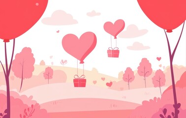 Valentine's Day Hot Air Balloons with Gift Boxes in a Pink Forest Landscape, Used for Banner.