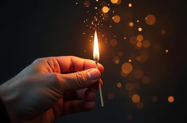 A close-up of a hand holding a lit match illuminates the darkness. Bright flames and small lights, creating a mesmerizing, warm glow on a black background.