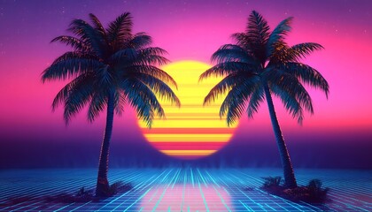 Obraz premium Retro Sunset Scene With Two Palm Trees