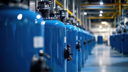 Obraz premium Industrial site featuring blue water conservation tanks, showcasing modern technology and efficient design. atmosphere reflects innovation and sustainability