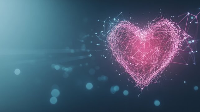 Neon Pink Digital Heart Pulsing with Data Streams in Technological Landscape with Copy Space