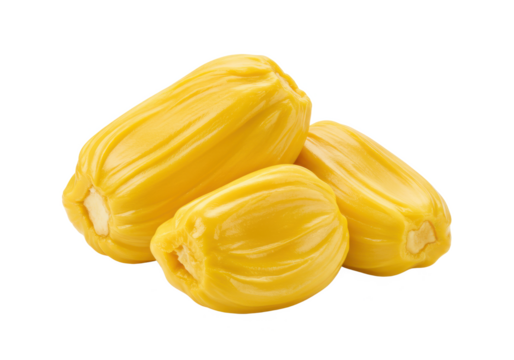 A piece of jackfruit with visible yellow bulbs, isolated on white background, no depth of field, sharp.
