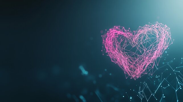 Neon Pink Digital Heart Pulsing with Data Streams in Technological Landscape with Copy Space