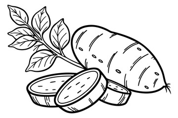 Sweet Potato Illustration with Slices and Leaves. Black and White Vector