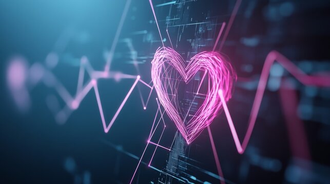 Neon Pink Digital Heart Pulsing with Data Streams in Technological Landscape with Copy Space