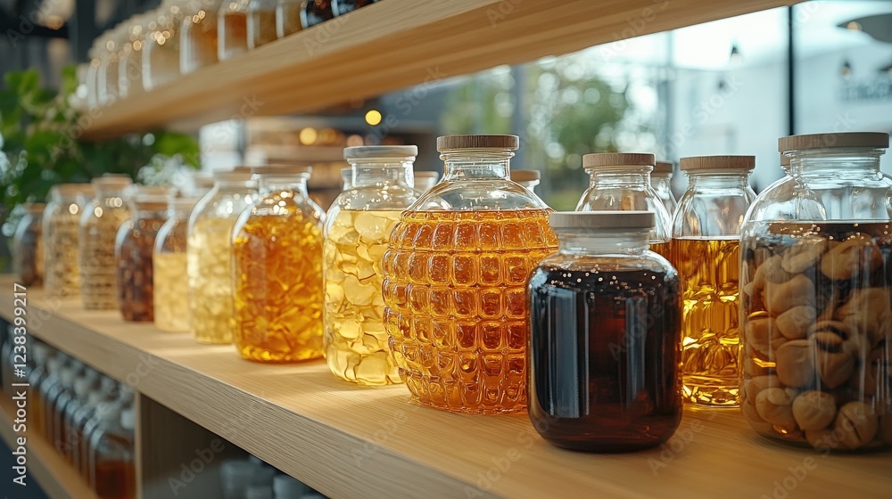 Poster a vibrant display of various jars filled with colorful liquids on a wooden shelf in a modern setting