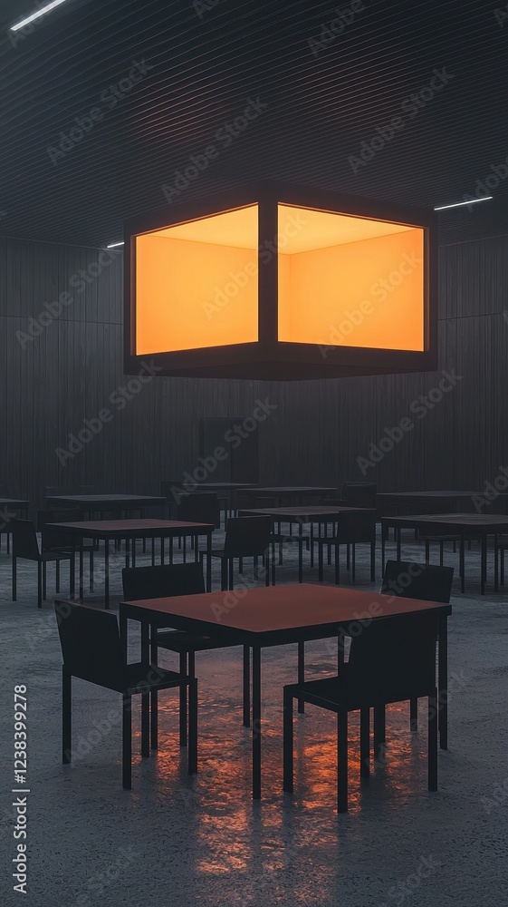 Poster Modern minimalist interior design illuminated cube installation above dark room with tables and