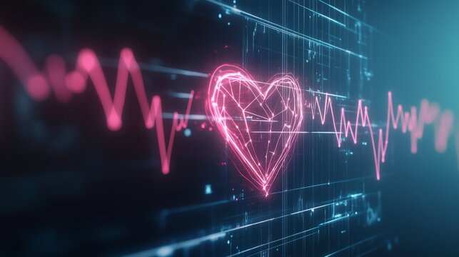 Neon Pink Digital Heart Pulsing with Data Streams in Technological Landscape with Copy Space