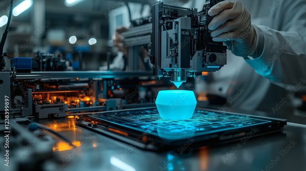 Poster precision 3d printing: teal object creation in industrial setting