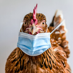 chicken wearing face mask bird flu prevention concept illustration poultry germs disease virus bacteria contamination healthy or sick idea