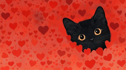 Black cat peeking out among red hearts on a red - toned background, ideal for Valentine's Day themes.