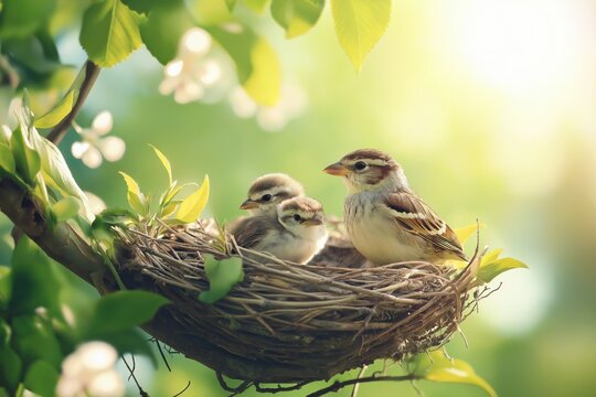 Two adult birds with chicks in a nest in the crowns of a flowering tree. Chicks in a nest. Spring concept, bird breeding.