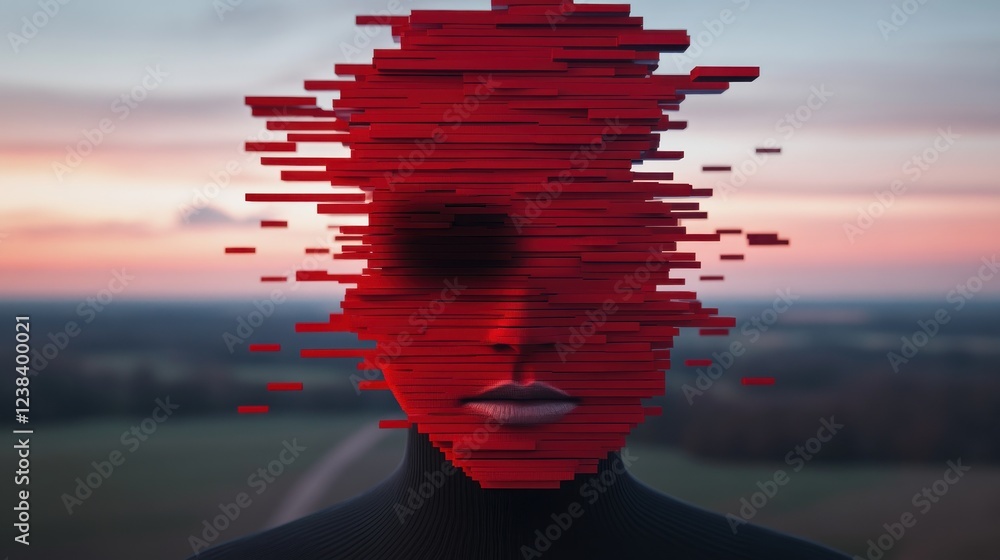 Poster abstract representation of a faceless figure with digital red elements and a blurred landscape backg
